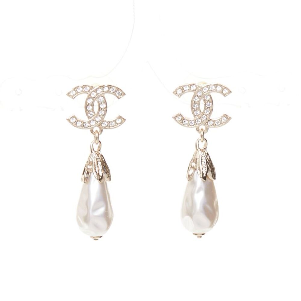Chanel champagne gold CC logo crystal drop pearl earrings
